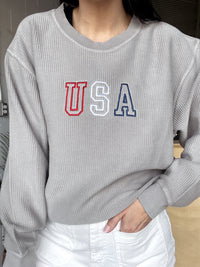 USA Embroidered Grey Corded Crew