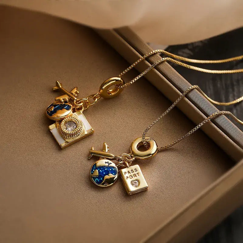 18K Gold Plated Pendant Necklace Travel Camera Charm: Passport