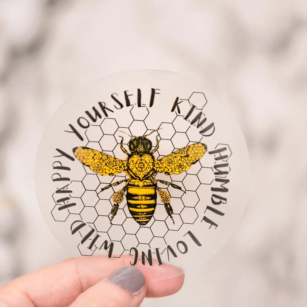 Bee Kind Loving Humble Clear, Vinyl Sticker, 3x3 in.