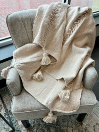 Woven Cotton Throw With Embroidery and Oversized Tassels